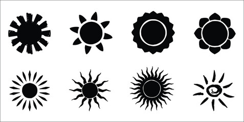 Shine of Silhouettes: Various artistic illustrations of the sun in diverse graphic styles. Demonstrating the multifaceted representation of light and warmth.