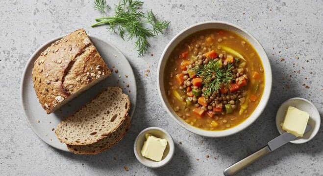 vegetable soup with bread and butter flatlay