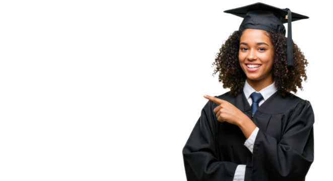 Young mixed-race woman with curly dark hair in formal graduation gown and cap, smiling confidently and pointing right, isolated on clean white studio background with copy space. Concept of academic