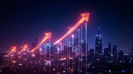 Rising Neon Arrows Over City Skyline Representing Business Growth and Financial Success