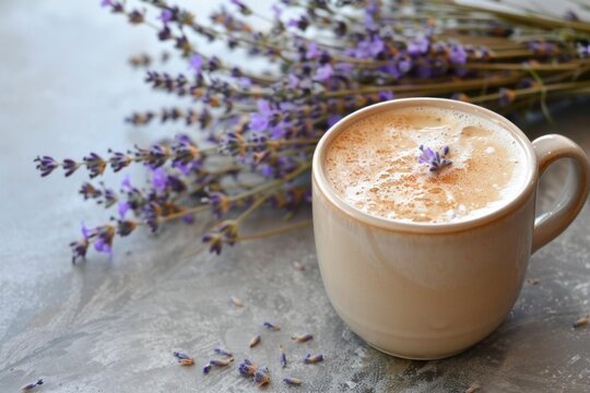 Creamy lavender latte decorated with cinnamon and a lavender flower, next to dried lavender flowers on a grey table
