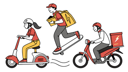 Fast Delivery Services: Cartoon Illustration of Riders on Scooter, Skateboard, and Motorbike
