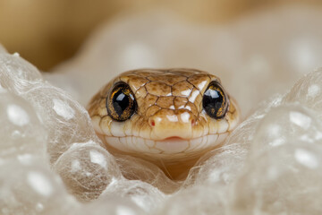 Close up view of a newborn snake hatchling with striking eyes carefully emerging from its protective natural bubble nest.