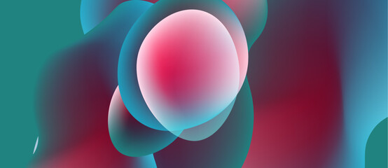 Abstract fluid shapes, vibrant colors blend. Pink sphere dominates composition, teal and red hues surround it. Smooth gradients create dynamic visual effect.