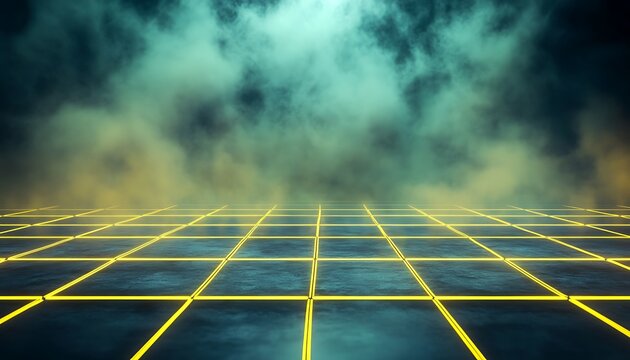 Dark Vapor Grid with Fluorescent Yellow Lines and Misty Neon Backdrop - Powered by Adobe