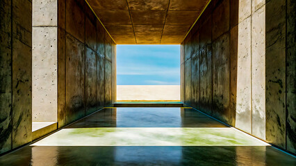 Architectural corridor leading to a bright beach and ocean view