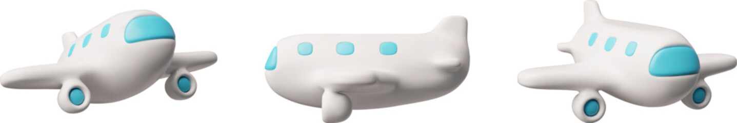Airplane with blue portholes 3D cartoon vector set, realistic white commercial jet air transport different sides view