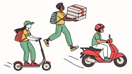 Fast Food Delivery: Illustration of Diverse Couriers on Scooters and Foot, Carrying Pizza Boxes in a Modern Flat Style