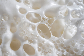 Abstract white foam forms an intricate pattern of various sized bubbles and large openings creating a natural organic structure.