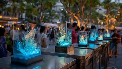 Illuminated Flame Art Installations at an Outdoor Event, A captivating display of artistic flame installations, housed in clear acrylic cubes, are set against a blurred background of an outdoor event.