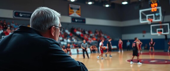 Intense game, coach observing players on court, lighting, practice