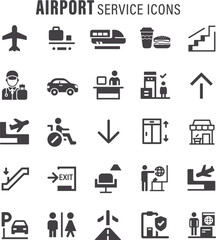 Airport Icon Set. Flat and Line Style Travel Symbols, Airplane, Terminal, Boarding Pass, Luggage, Security Check, Control Tower, Flight, Passport. Airport Services Vector Illustrations