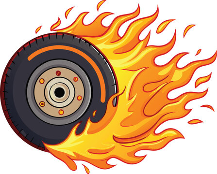 Flaming tire wheel with orange and yellow flames fire
