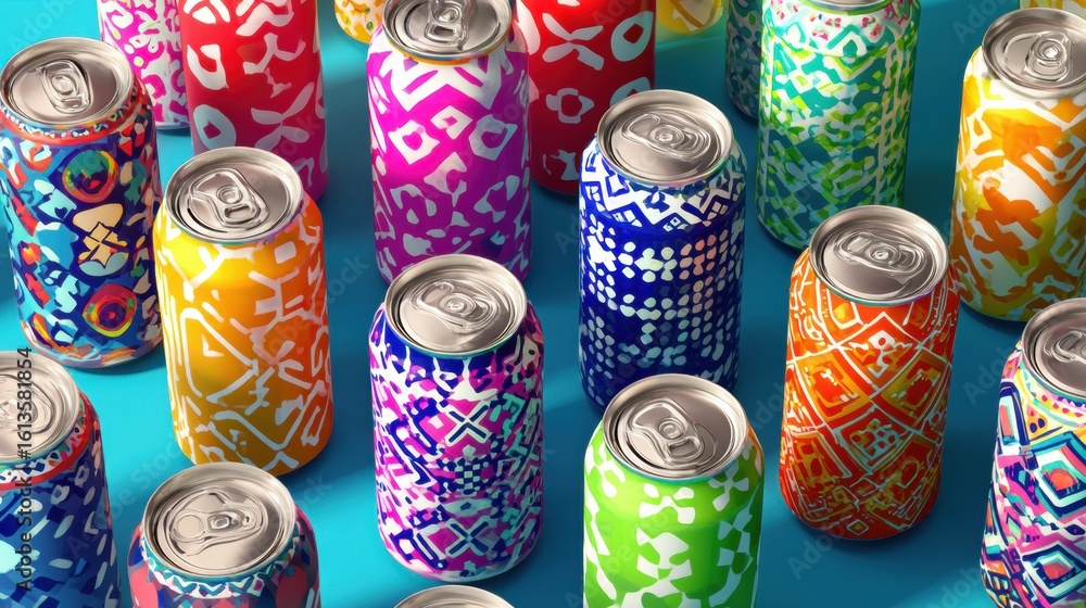Poster colorful beer cans arranged in a modern pattern with a clean space for custom messages at an outdoor