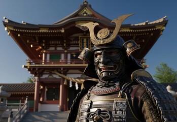 Samurai in Armor Standing in Front of a Majestic Japanese Temple