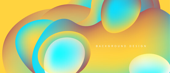 Abstract fluid shapes overlap, creating vibrant color gradients. Yellow dominates background, blue accents present. Modern design element.