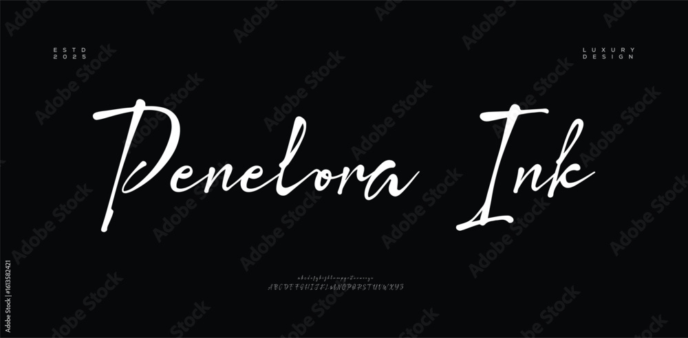 Poster script elegant signature typeface. lettering signature font isolated on grey background. brus style 
