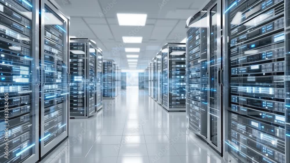 Poster modern data center interior with server racks and dynamic light effects in bright environment