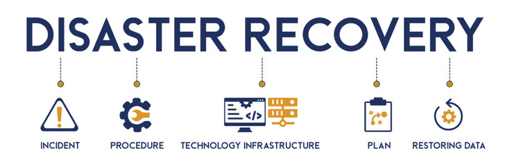 Disaster Recovery website icons vector concept illustrated with an icons of incident, procedure, technology infrastructure, plan, restoring data, continuity, risk management, restart, integration.