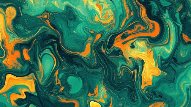 Abstract swirling teal and orange marble texture.