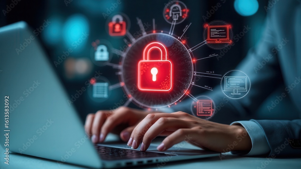 Poster cybersecurity and data breach risk concept. a person using laptop with digital padlock icons, red op