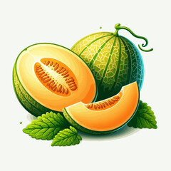 Digital illustration of a cantaloupe and its cut sections, with vibrant color,  set on a white background, emphasizing freshness and flavor.