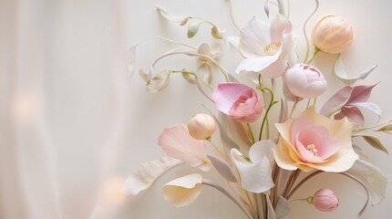 Flowers bouquet white and pink light pastel delicate elegant romantic beautiful plants floristic copy space background wallpaper