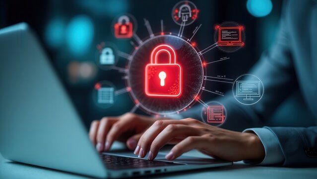 Cybersecurity and Data Breach Risk Concept. A person using laptop with digital padlock icons, red open lock symbolizing data breach, representing cybersecurity threats and data protect.