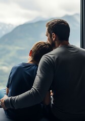 Father and son looking out window at scenic mountain landscape together