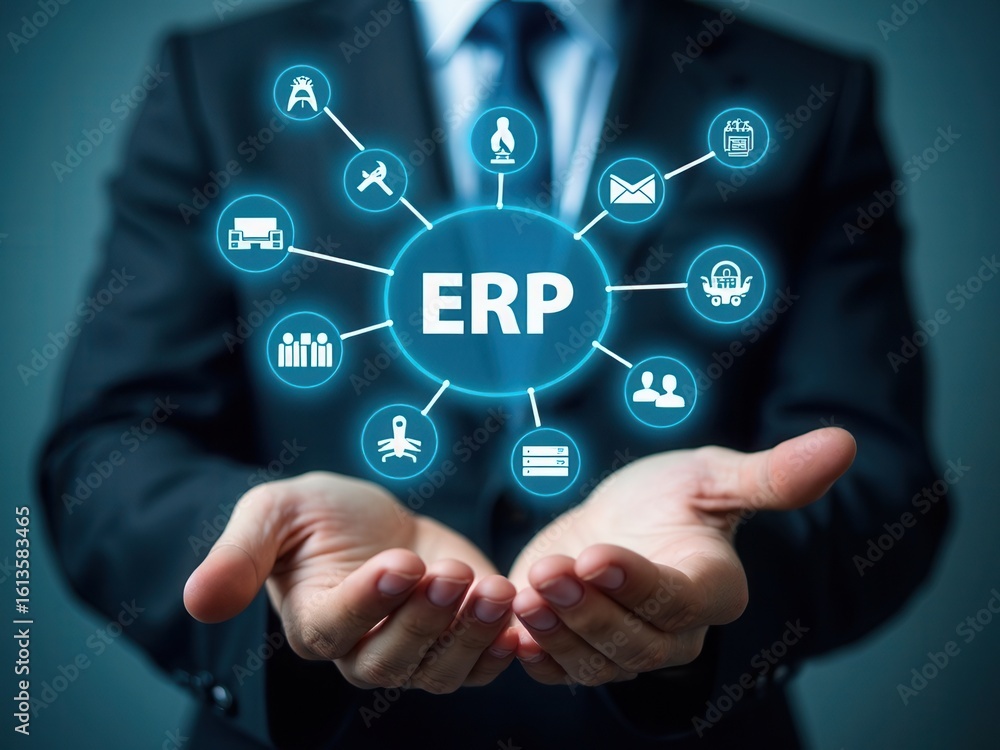 Poster erp - enterprise resource planning concept. business professional presenting erp system icons repres