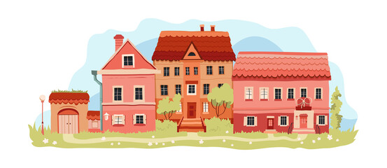 Cartoon houses in the countryside. Flat houses in the village. Color illustration in flat style.