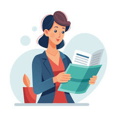 Businesswoman reading financial newspaper, professional female investor analyzing market news, corporate woman in office, business finance concept, vector illustration for business themes.