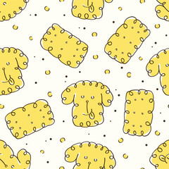 Seamless pattern cartoon of Fluffy curly poodle and doodle style biscuit. The color tones are minimal, using only yellow and white. Pattern design for wrapping paper, wallpaper and fashion prints.