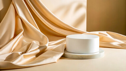 Product display with soft draped satin fabric and geometric pedestal