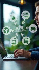 LCA, Life Cycle Assessment and Sustainability Concept. Businessman using laptop with Life Cycle Assessment (LCA) icons, representing recycling, manufacturing, logistics, and environment planning.