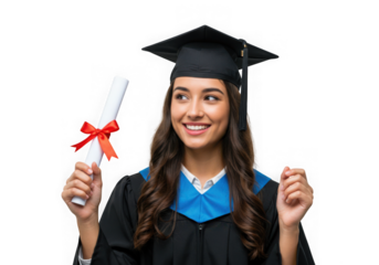 Graduate smiles holding diploma with ribbon on transparent background