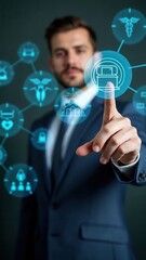 Employee Benefits and Compensation Strategy Concept. Businessman presents employee benefits options on a digital interface. Icons various benefits such as healthcare, insurance.
