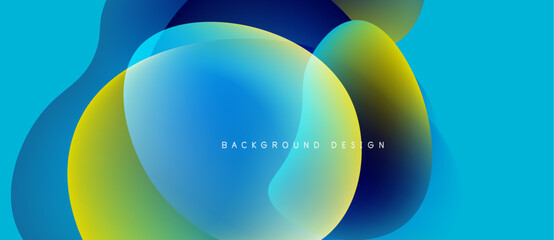 Abstract fluid shapes overlap, creating vibrant color gradients. Blue, yellow, dark tones blend seamlessly. Modern design element.