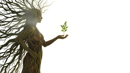 Sustainable Future – Artistic Eco Portrait of Woman and Forest / Enigmatic earth goddess with copy space white background 
