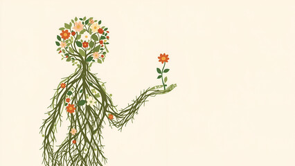 Sustainable Future – Artistic Eco Portrait of Woman and Forest / Enigmatic earth goddess with copy space white background 