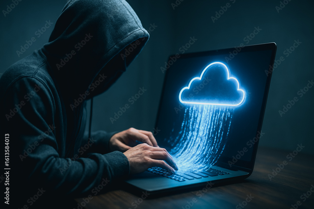 Poster cybersecurity and cloud data: a hooded figure intently uses a laptop with a glowing cloud, symbolizi