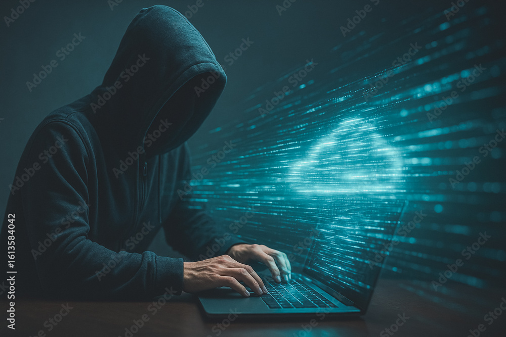 Poster cybersecurity breach: an ominous figure in a hooded sweatshirt, working intently at a laptop, symbol