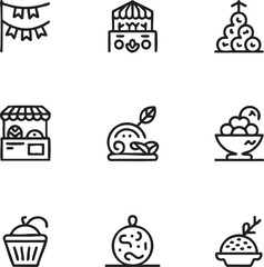 Diwali celebration vector icon set outline style festive,festival,sweets,food stall,lights,garlands,offering,traditional icons