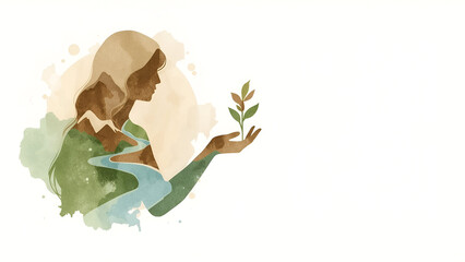 Silhouette of Woman with Forest and Leaf/ Harmony with Nature/ Environmental Awareness – Female Silhouette and Plant Growth