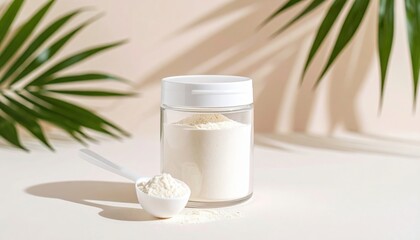 Collagen Powder Supplement with Palm Leaf Shadows and White Scoop on Light Background