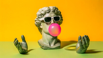 Classical sculpture bust wearing sunglasses chewing pink bubble gum