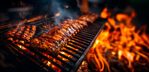 Creative food template. Juicy marinated barbecue bbq pork spareribs on the grill, sizzling with juices dripping down with flames fire sizzling with smoke, copy text space