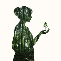 Nature and Woman – Double Exposure Environmental Concept, mother nature, environment day concept abstract image on copy space white background 