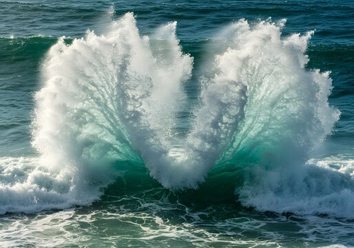 The ocean waves are breaking symmetrically with turquoise water and white foam.