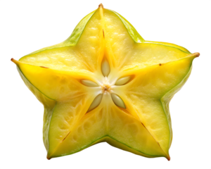Close up studio shot of a vibrant yellow star fruit sliced in half revealing its star shape and seeds